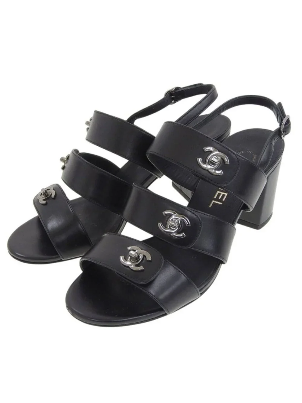 Chanel CC Logo Turnlock Back Strap Sandals Black